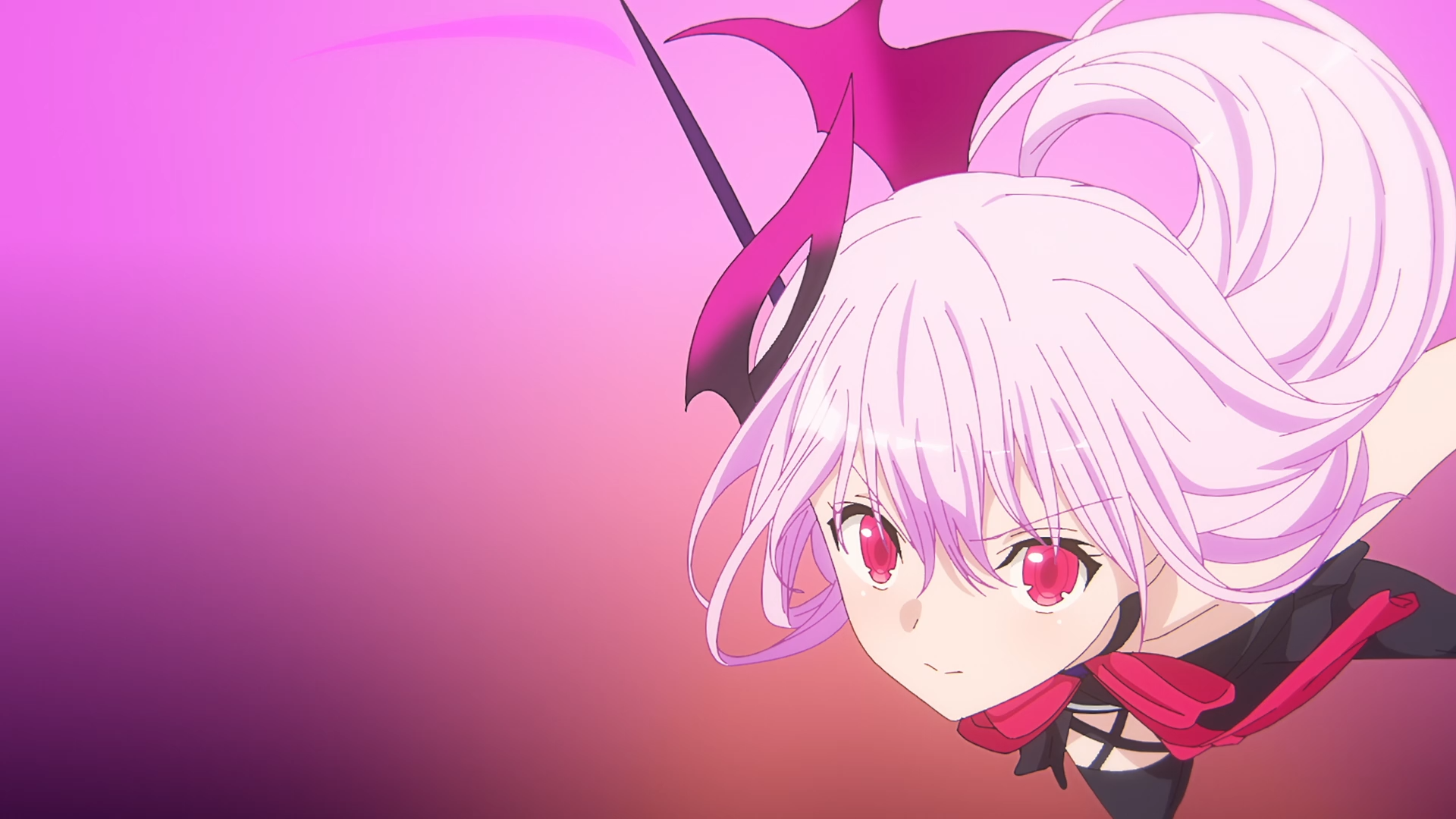 Kisara (Engage Kiss) anime close-up: pink hair and red eyes set against a purple-pink gradient — HD PC desktop wallpaper background.