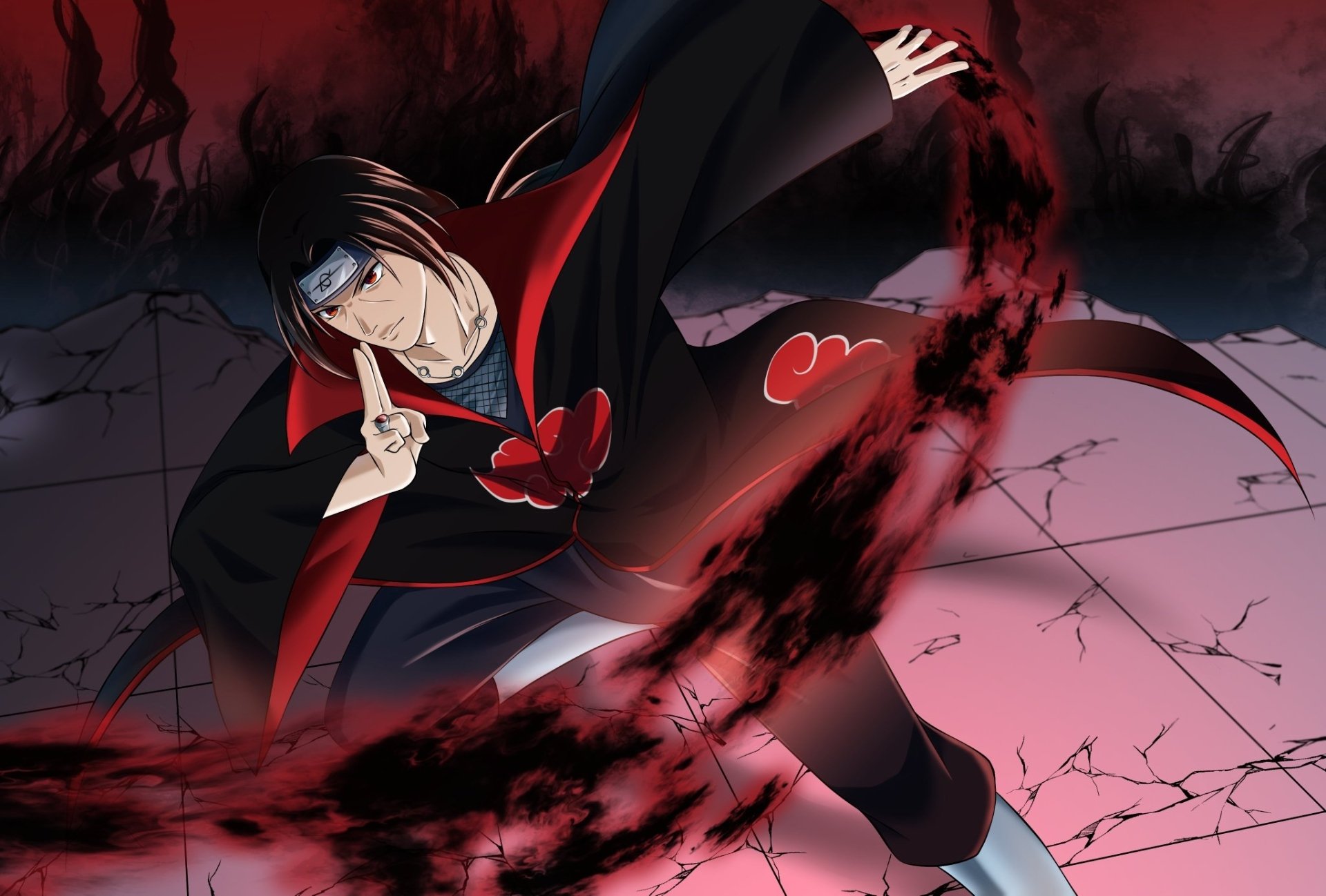 HD PC desktop wallpaper featuring Itachi Uchiha from the anime Naruto, depicted in a dynamic pose with dark, swirling energy effects.
