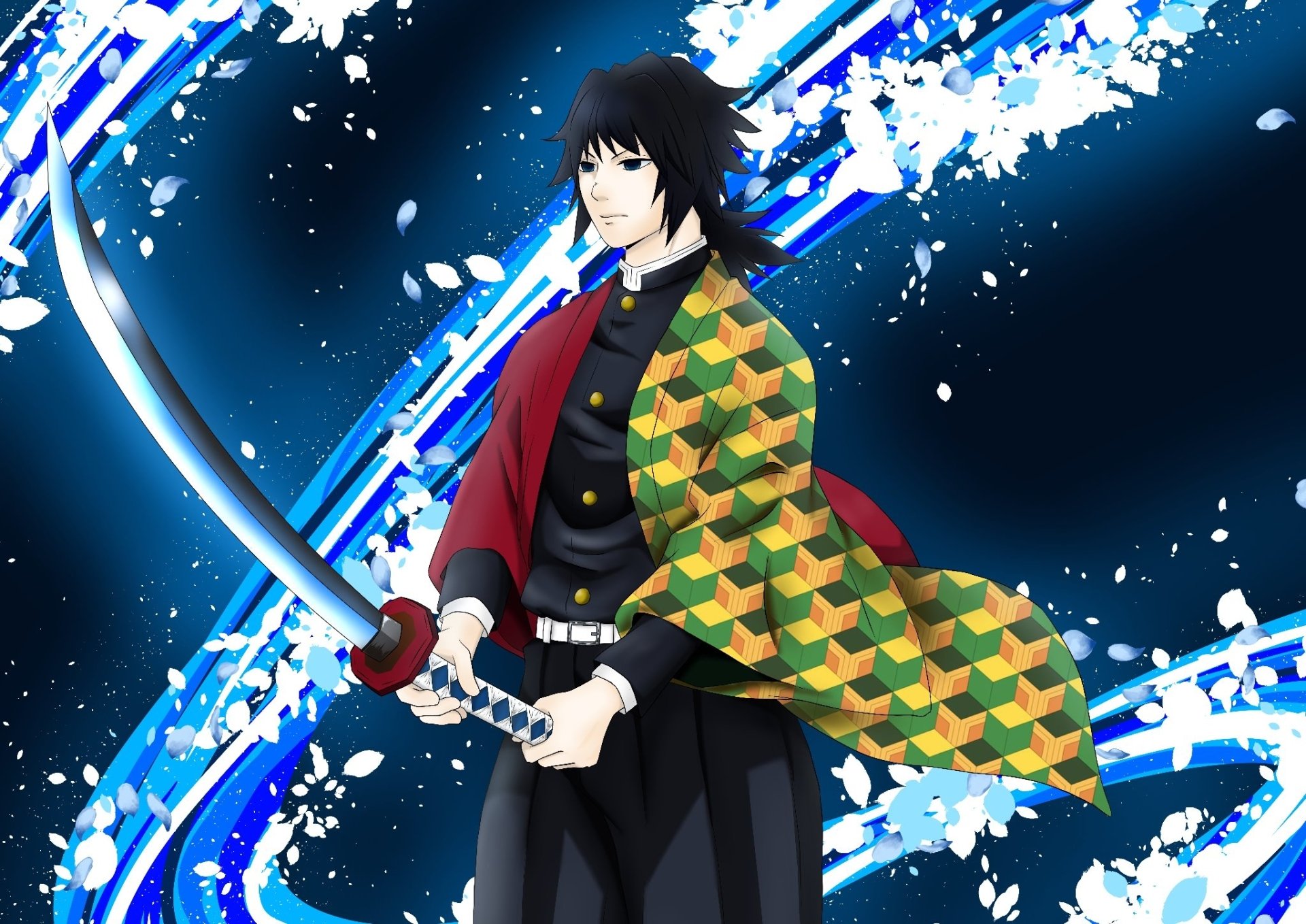 HD PC desktop wallpaper/background of Giyuu Tomioka (Anime, Demon Slayer: Kimetsu no Yaiba) standing with katana amid blue water-splash effects and falling white petals on a dark background.