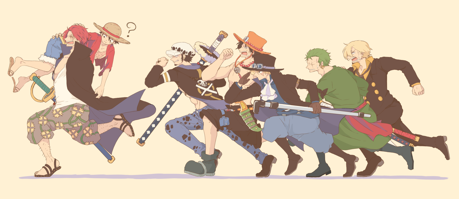 Anime One Piece HD PC desktop wallpaper and background: pastel, stylized side-profile lineup of the Straw Hat crew running right in a dynamic, minimalist composition.