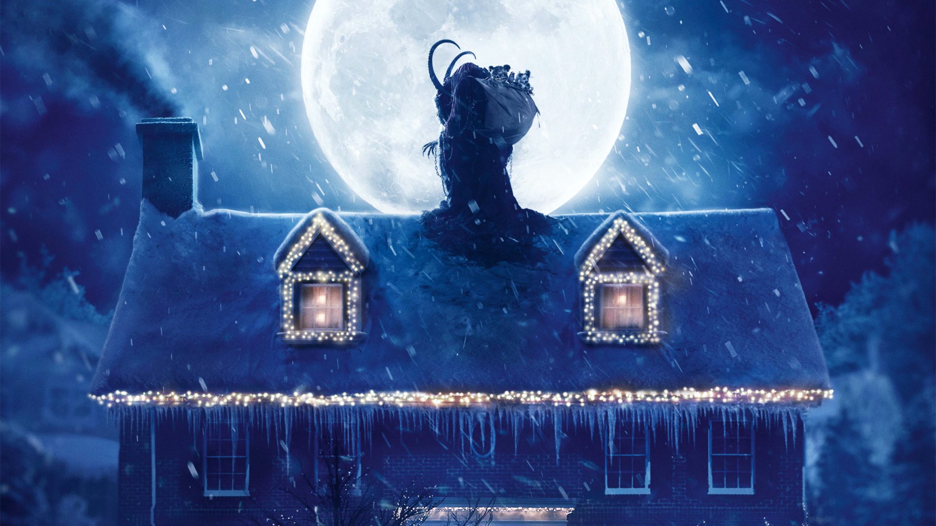 HD desktop wallpaper featuring a snowy house with holiday lights beneath a large full moon, inspired by the movie Krampus.
