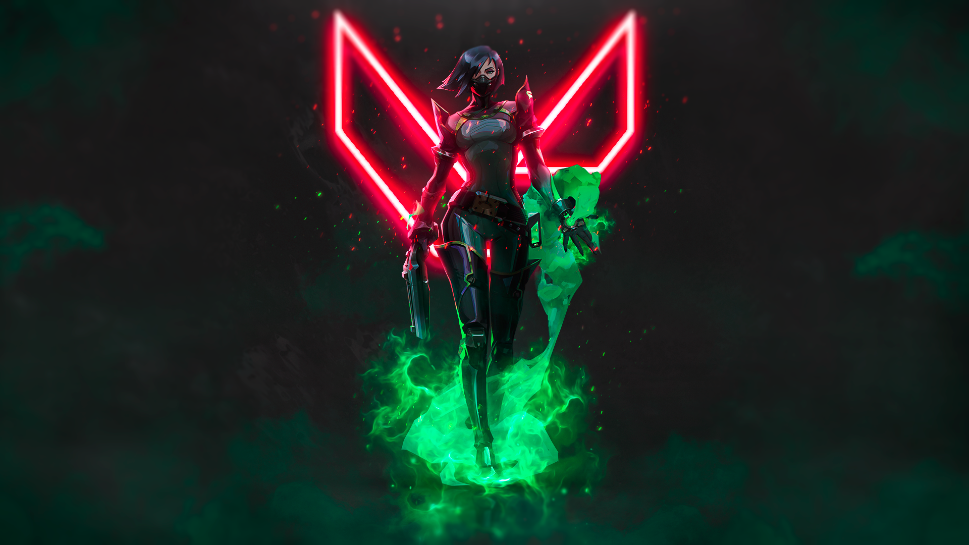 HD PC desktop wallpaper of Viper (Valorant video game): armored agent stands in green toxic mist before a glowing red Valorant V emblem, neon cyberpunk backdrop.
