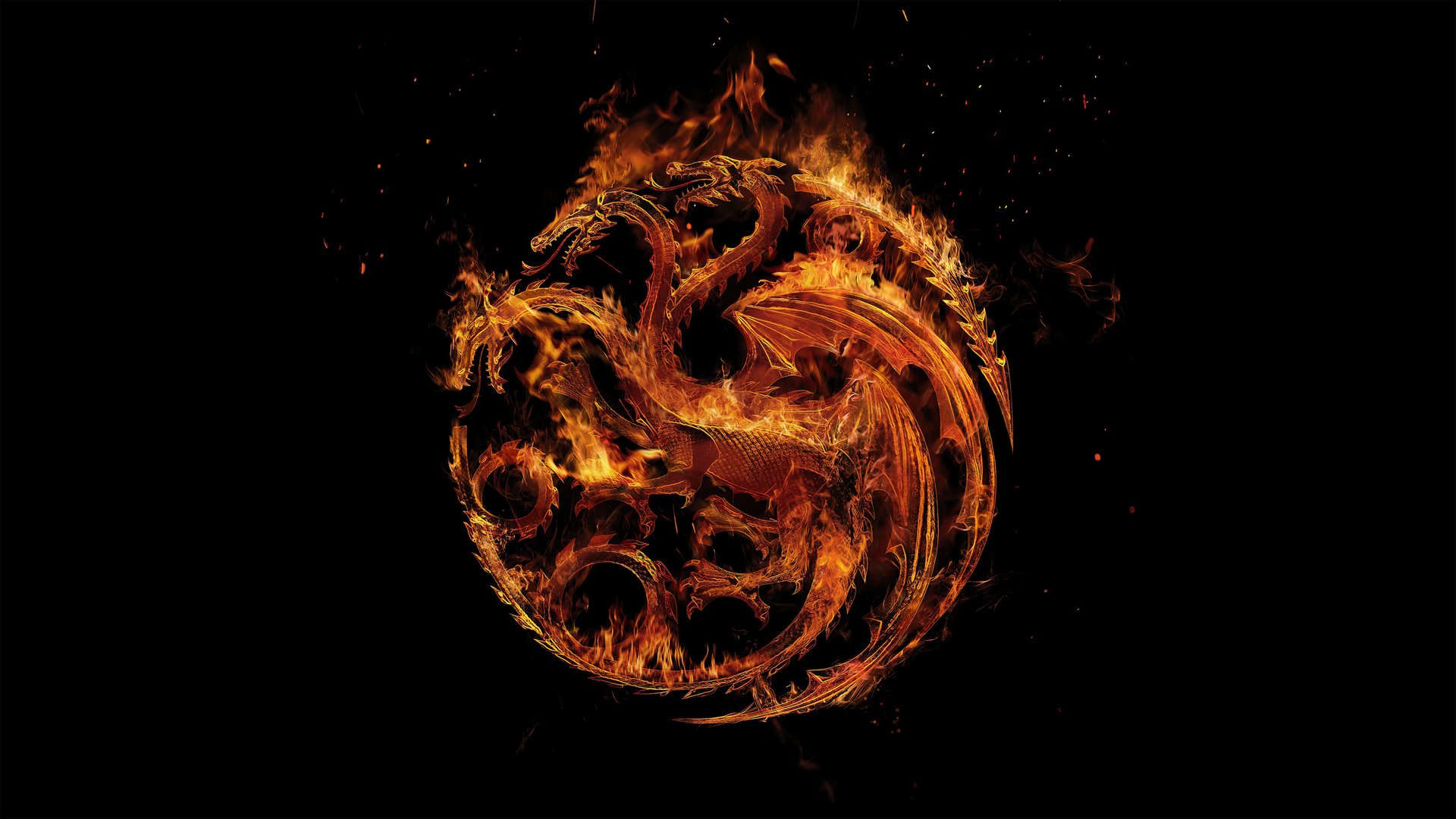 A striking HD desktop wallpaper featuring the fiery emblem of House of the Dragon, set against a dark background, capturing the essence of the TV show.