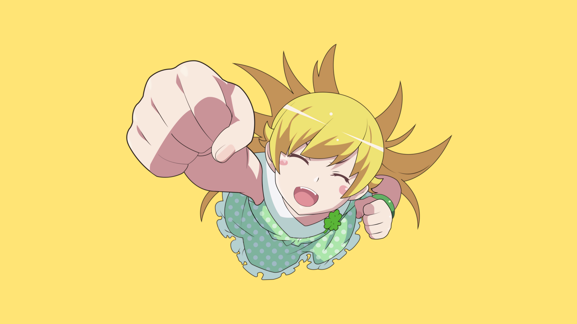 5K Ultra HD PC desktop wallpaper of Shinobu Oshino from the Monogatari series, smiling and reaching forward with a fist against a solid yellow background.