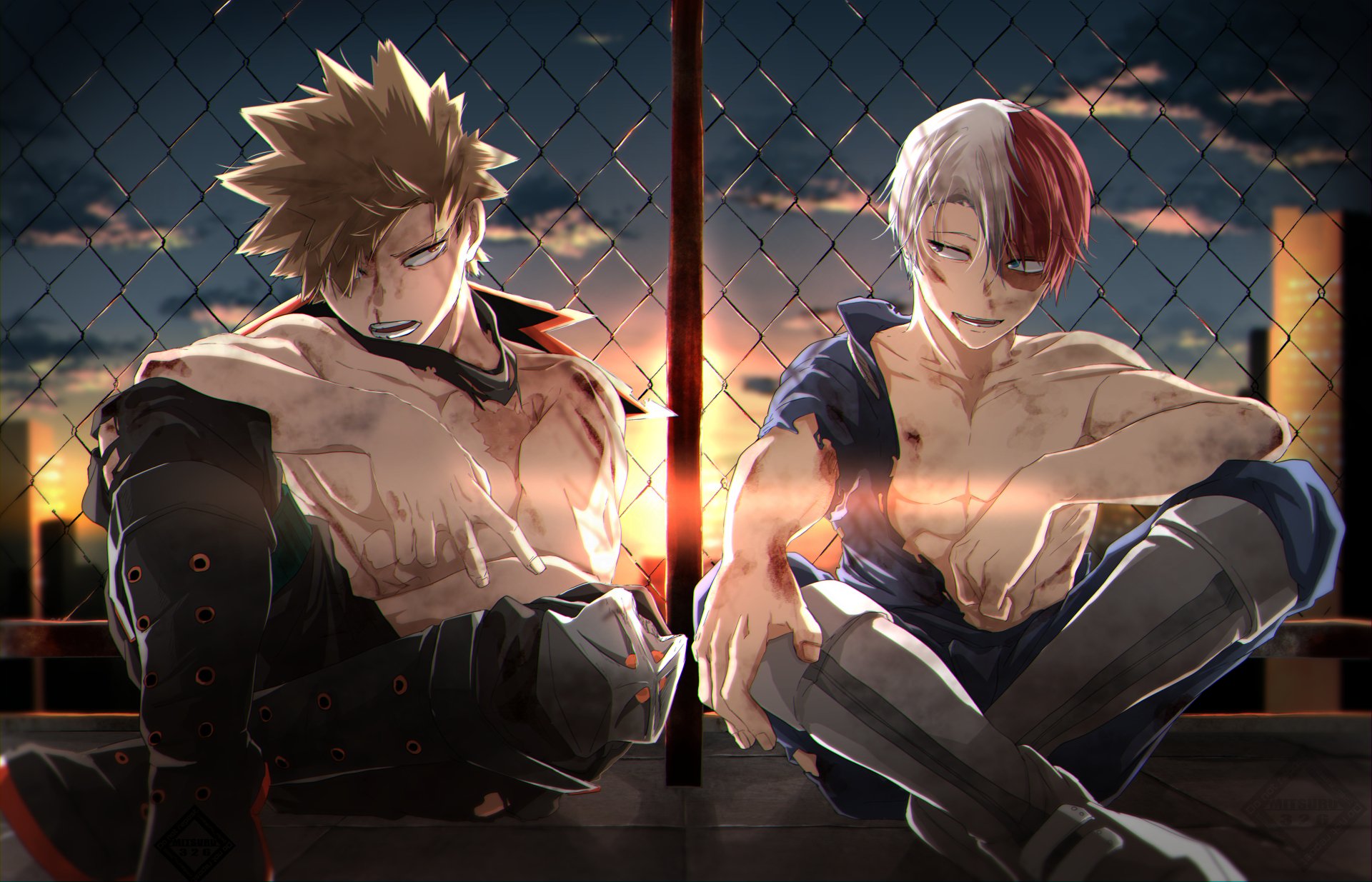 Shoto Todoroki and Katsuki Bakugou sit back-to-back on a rooftop fence at sunset in a My Hero Academia anime scene — 4K Ultra HD PC desktop wallpaper.