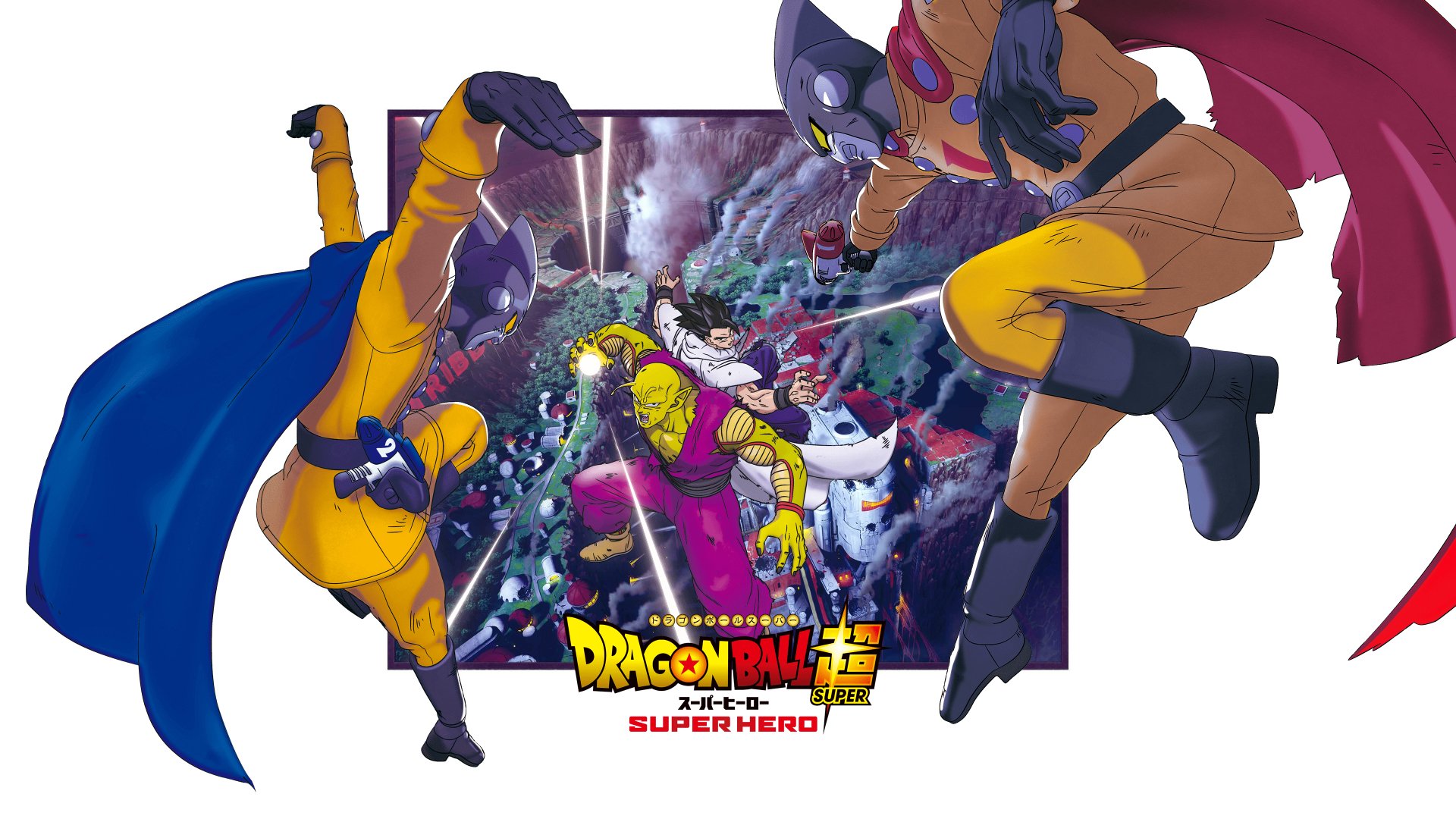 4K Ultra HD PC desktop wallpaper featuring dynamic characters from the anime Dragon Ball Super: Super Hero in vibrant action poses against a cosmic background.