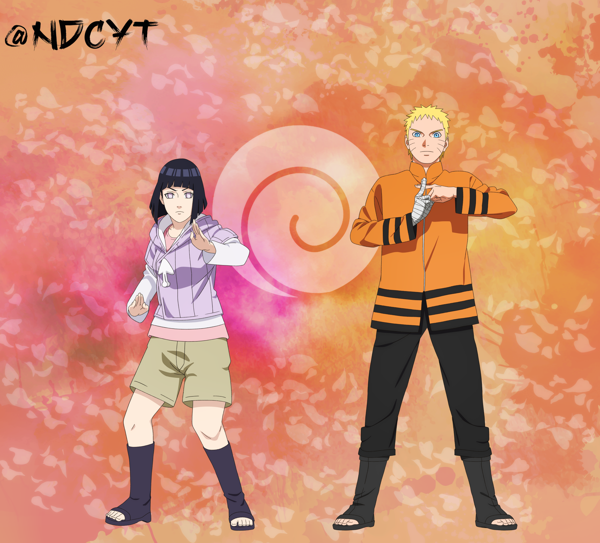 4K Ultra HD anime desktop wallpaper showing Naruto Uzumaki and Hinata Hyuga from Boruto standing side by side before a spiral emblem and pink floral background.