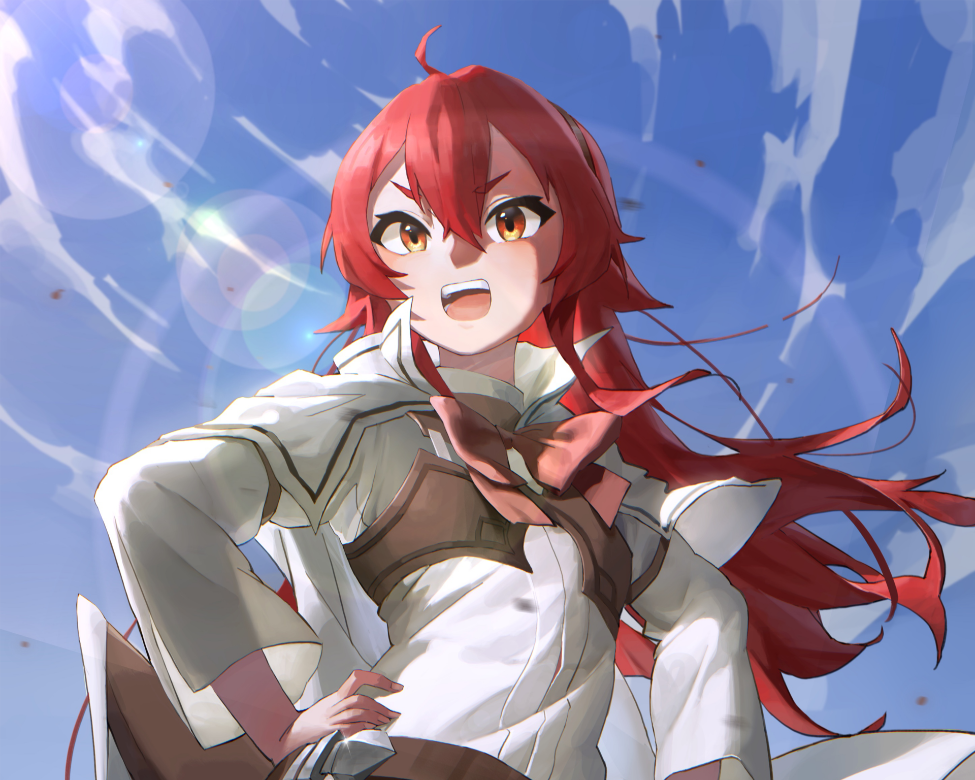 HD PC desktop wallpaper featuring Eris Boreas Greyrat from the anime Mushoku Tensei: Jobless Reincarnation, with her red hair flowing against a bright sky background.