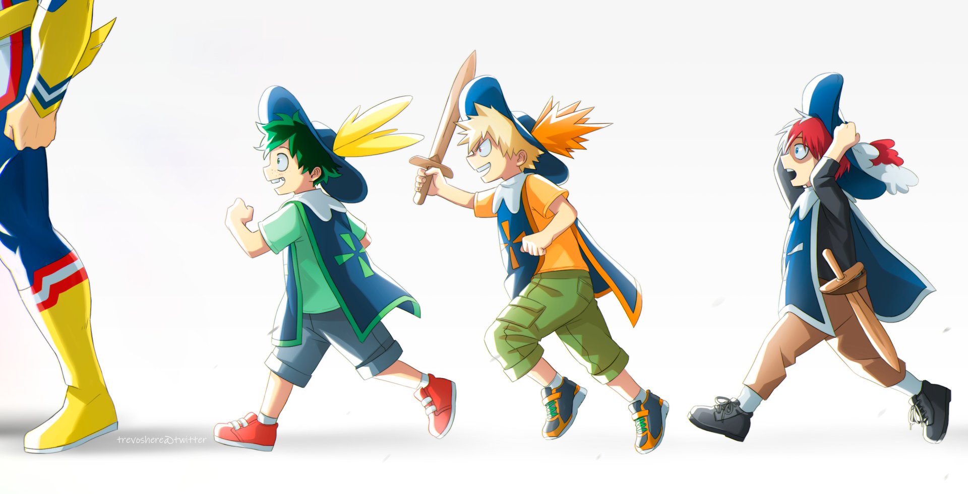 Colorful 2K Quad HD PC desktop wallpaper of My Hero Academia chibi-style Izuku Midoriya, Katsuki Bakugou and Shoto Todoroki marching right in playful costumes on a white background.