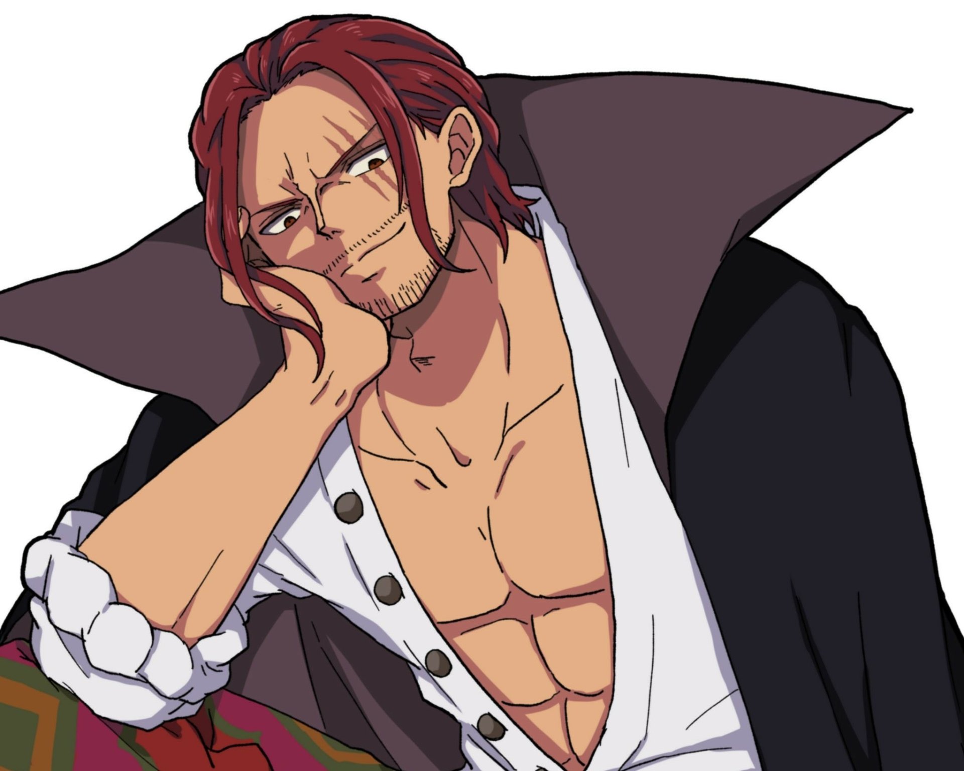 HD PC desktop wallpaper featuring Shanks from the anime One Piece, showcasing his relaxed pose and distinctive red hair with an open-collared outfit.