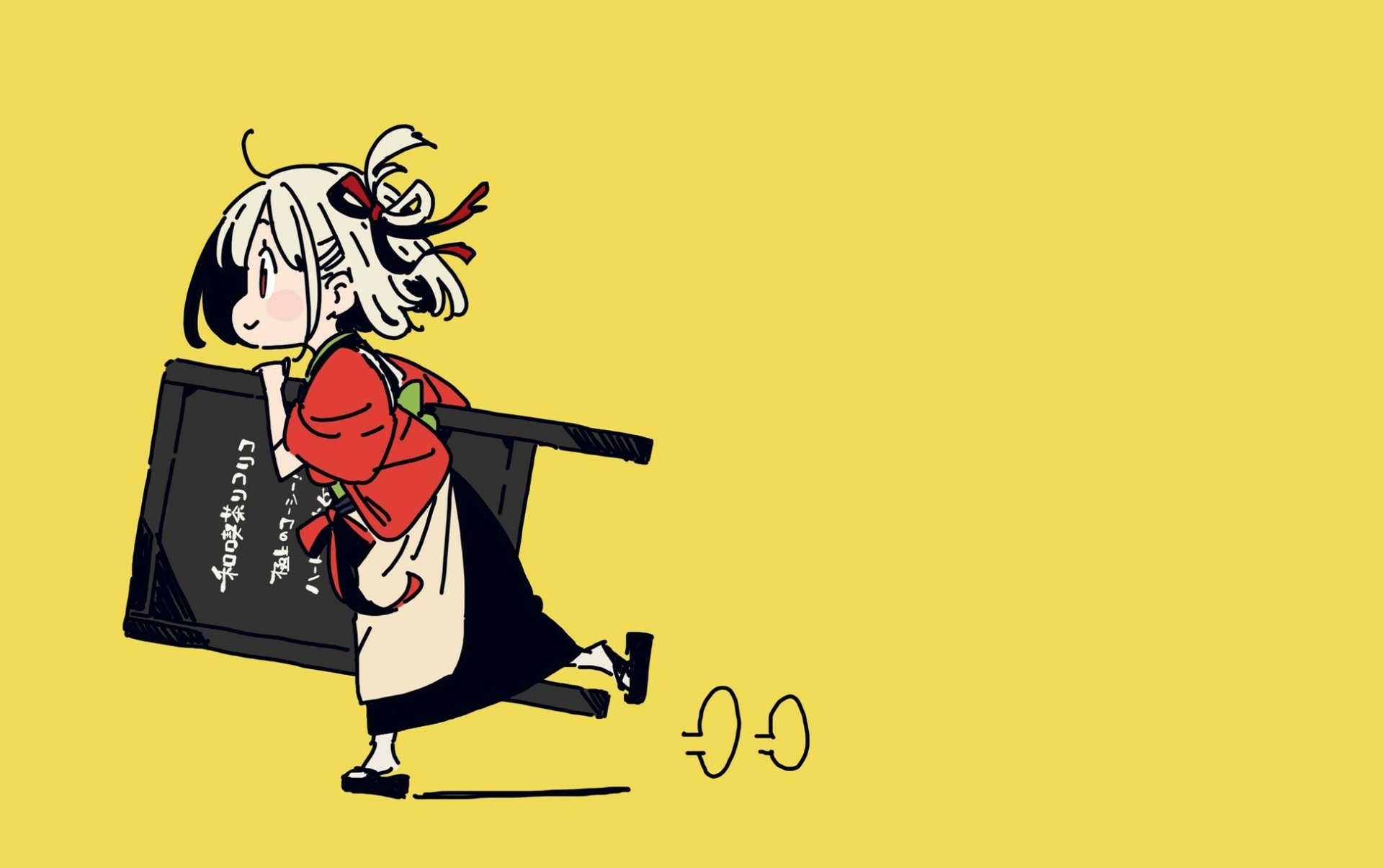 Chisato Nishikigi from the anime Lycoris Recoil is depicted in a vibrant HD desktop wallpaper with a bright yellow background.