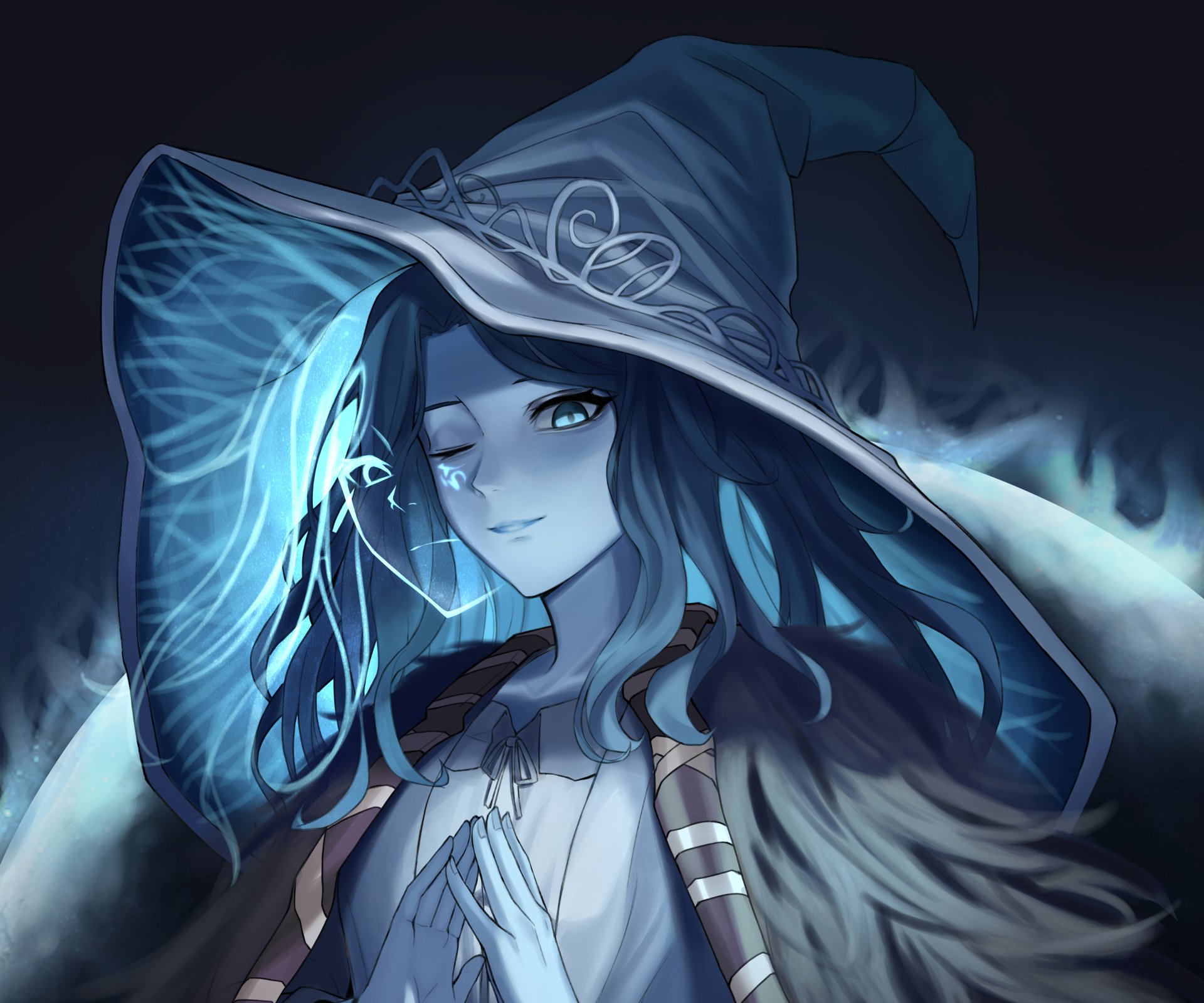 Ranni the Witch from Elden Ring depicted in a detailed 4K Ultra HD video game wallpaper with glowing blue highlights on her hat and hair.