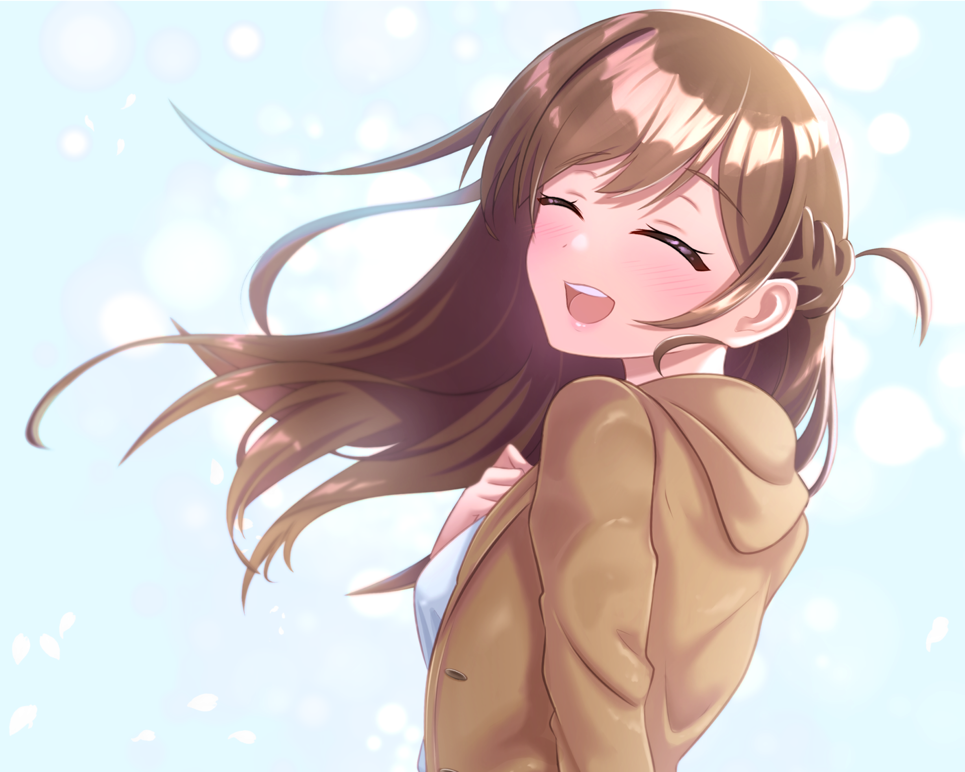 HD anime desktop wallpaper featuring Chizuru Ichinose from Rent-A-Girlfriend, smiling with flowing hair against a bright, soft blue sky background.