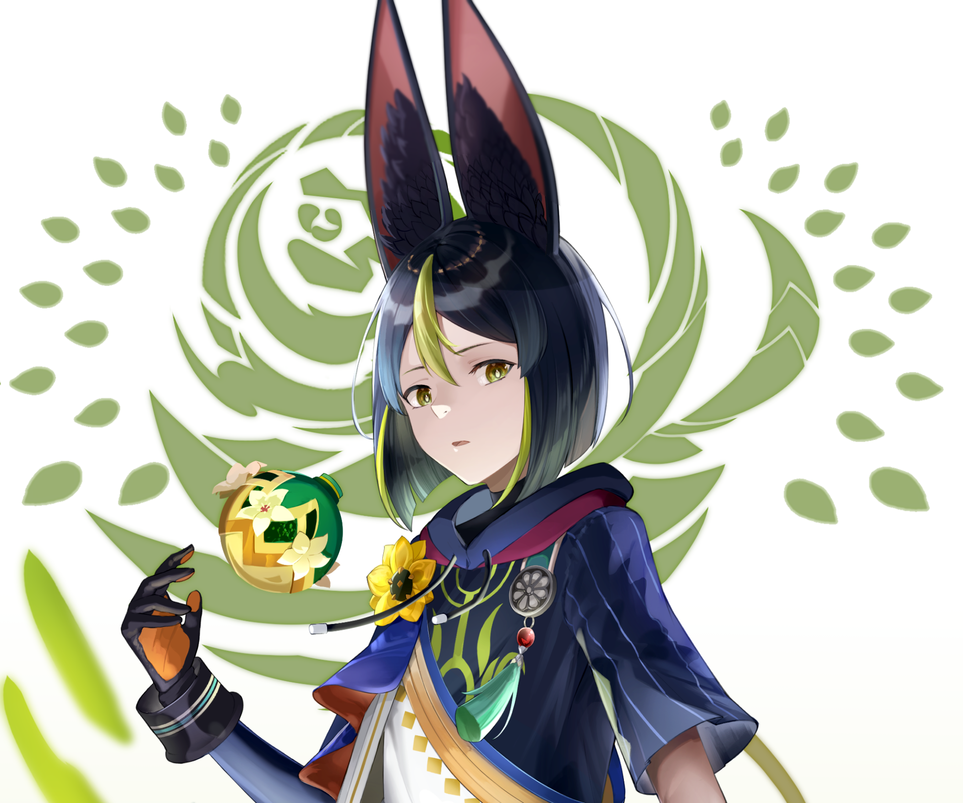 HD PC desktop wallpaper of Tighnari from the video game Genshin Impact: forest-themed portrait with fox-like ears, green motif, holding a glowing Geo orb before a stylized leaf emblem.