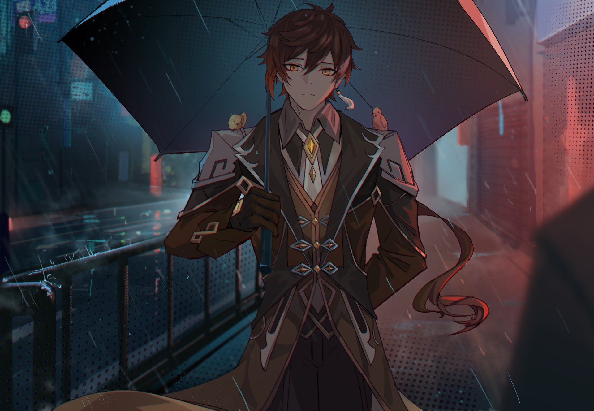 Zhongli from Genshin Impact stands under a black umbrella in a rainy cityscape, featured in a 4K Ultra HD PC desktop wallpaper from the video game Genshin Impact.