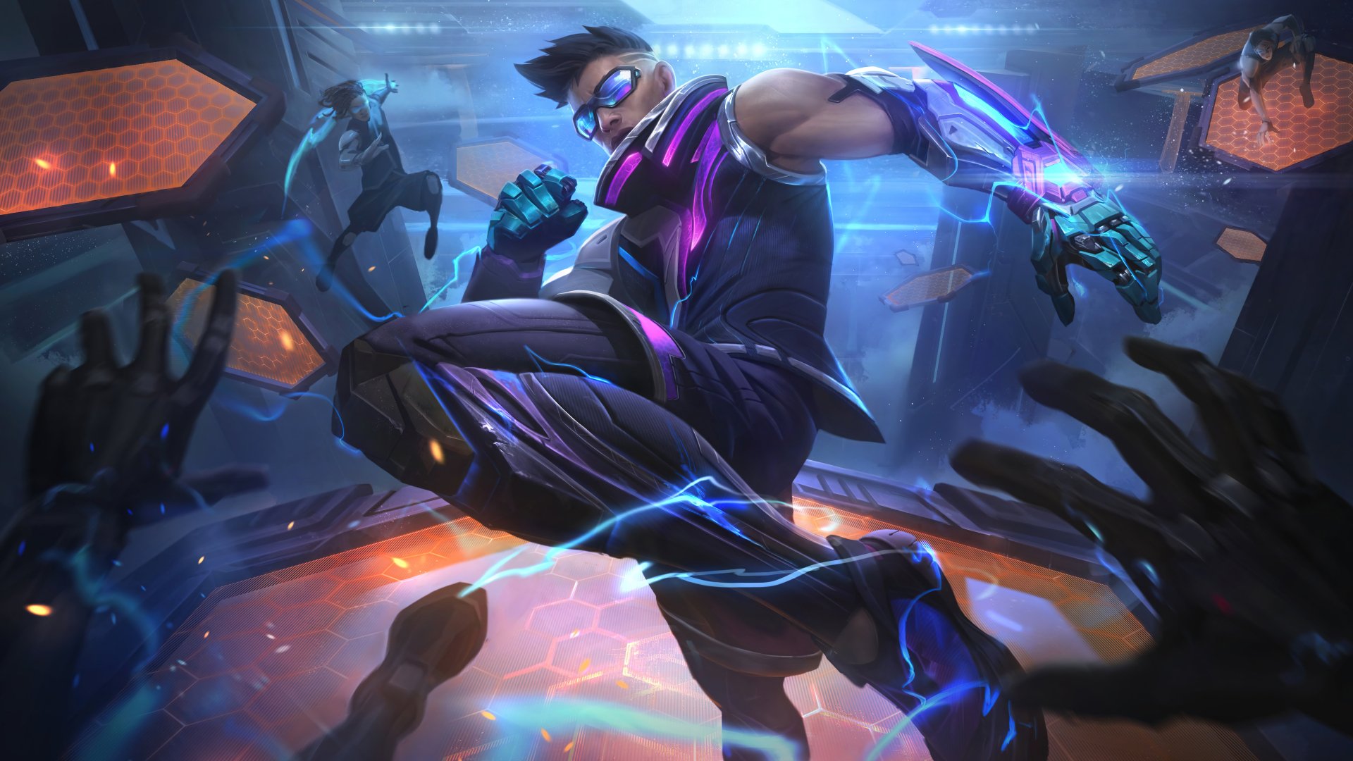 8K Ultra HD wallpaper featuring Lee Sin from League of Legends in futuristic gear, poised for combat in a dynamic, neon-lit video game environment.
