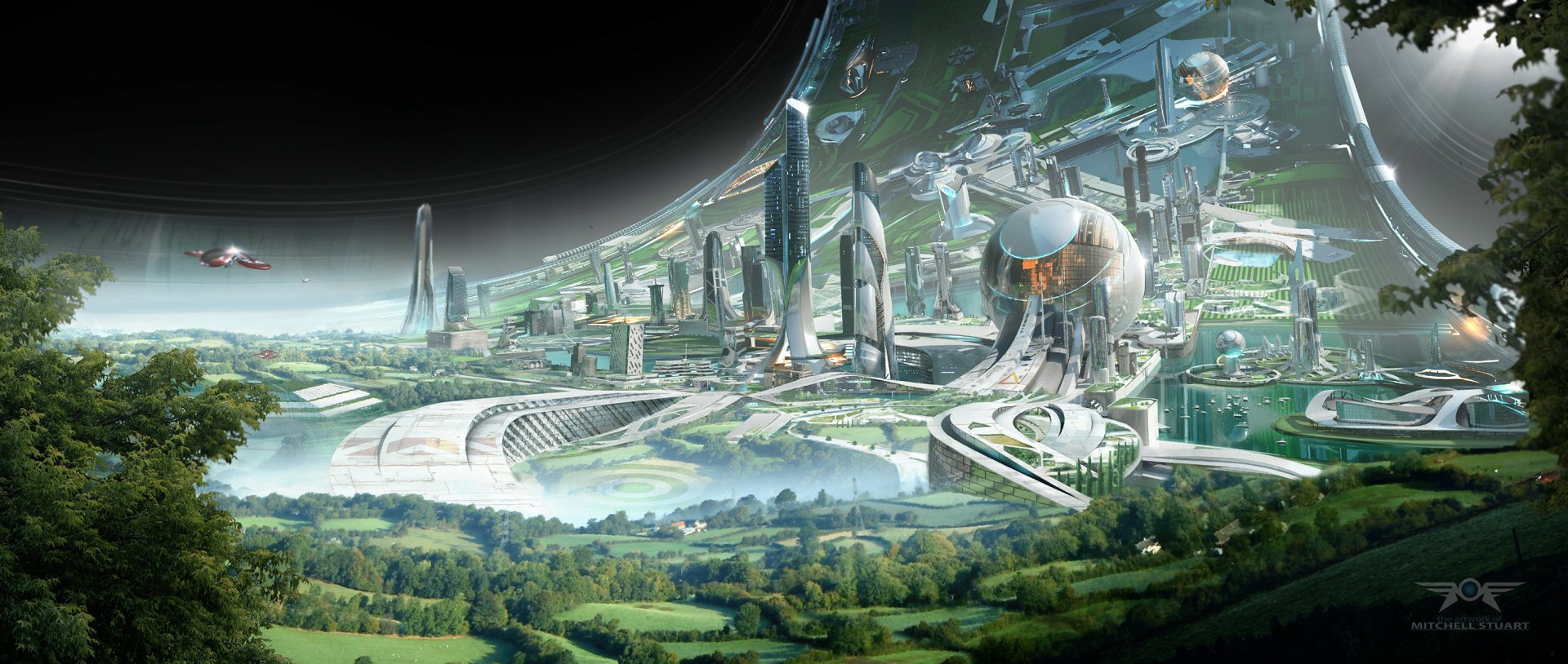 HD sci-fi desktop wallpaper depicting a futuristic ringworld cityscape with sleek towers and advanced architecture blending with lush green landscapes.