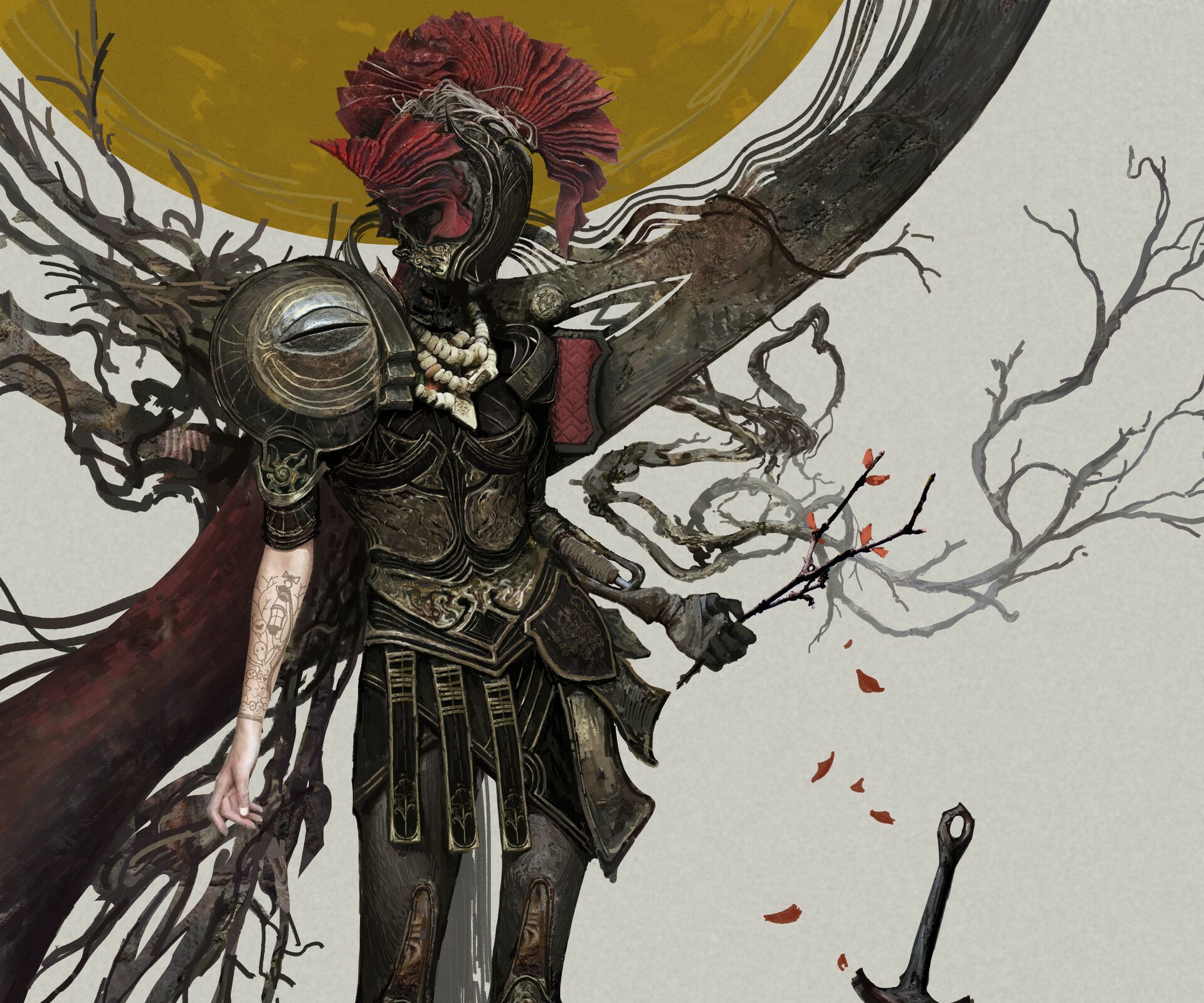 Fantasy woman warrior in ornate dark armor with a red cloak and tree-like branches, red petals falling against a pale backdrop — HD PC desktop wallpaper/background.