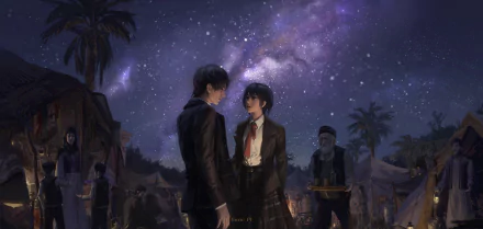 HD anime desktop wallpaper featuring Eren Yeager and Mikasa Ackerman from Attack on Titan standing under a starry night sky with a glowing Milky Way.