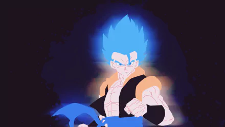 Gogeta (Dragon Ball) in Super Saiyan Blue with a radiant blue aura and clenched fist — anime HD PC desktop wallpaper inspired by Dragon Ball Super: Broly