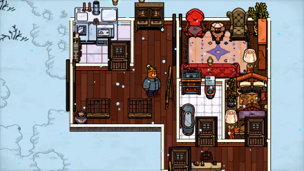 HD wallpaper of the Bear and Breakfast game showcasing an animated bear character in a cozy, well-decorated cabin interior with detailed furniture and snowy exterior view.