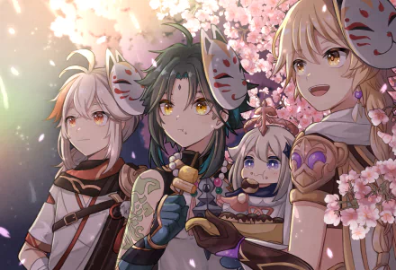 HD PC desktop wallpaper featuring Genshin Impact characters Paimon, Xiao, Aether, and Kaedehara Kazuha surrounded by cherry blossoms in a vibrant, detailed scene.