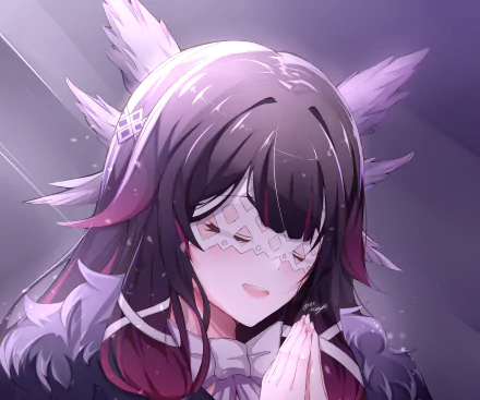 HD PC desktop wallpaper of Columbina (Genshin Impact), video game Genshin Impact — serene close-up of her masked face and clasped hands bathed in soft purple light.