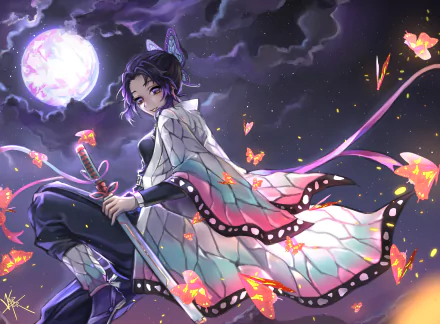 HD PC wallpaper featuring Shinobu Kochou from the anime Demon Slayer: Kimetsu no Yaiba, surrounded by glowing butterflies under a full moon night sky.