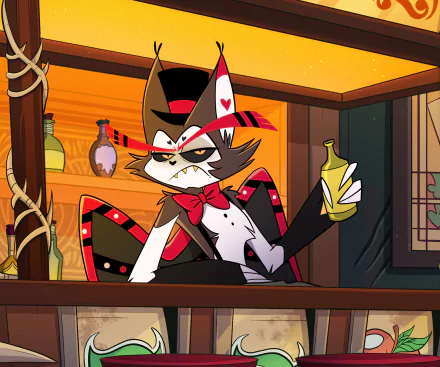 Husk from Hazbin Hotel lounges at a bar, holding a green bottle. The vibrant HD wallpaper captures the character's unique style in the animated TV show.