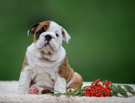 HD PC desktop wallpaper showing an English Bulldog puppy (animal) sitting by red berries on a soft white surface against a blurred green background.
