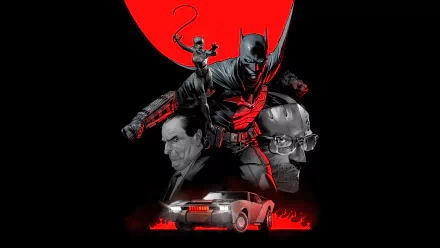 4K Ultra HD PC desktop wallpaper featuring The Batman movie characters in a dramatic red and black composition with a cityscape and Batmobile.