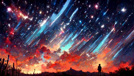 Artistic HD PC desktop wallpaper depicting a vibrant night sky filled with streaking stars and glowing clouds above a silhouetted figure on the horizon.