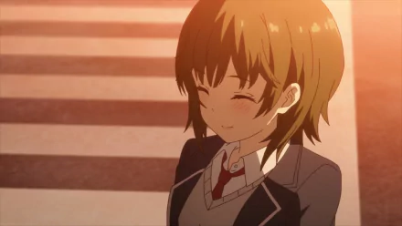 Isana Higashira from My Stepmom's Daughter Is My Ex — anime HD PC desktop wallpaper and background: blushing schoolgirl in uniform at sunset.