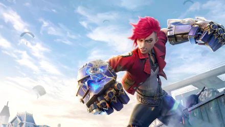 4K Ultra HD desktop wallpaper featuring Vi from the TV show Arcane (League of Legends) in an action pose with mechanical gauntlets against a bright sky background.
