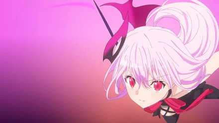 Kisara (Engage Kiss) anime close-up: pink hair and red eyes set against a purple-pink gradient — HD PC desktop wallpaper background.