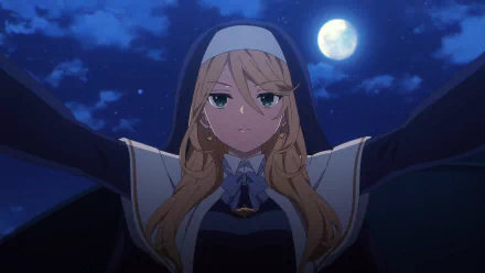 Sharon Holygrail from Engage Kiss — anime HD PC desktop wallpaper: stern nun-like figure with outstretched arms under a full moon and cloudy night sky.