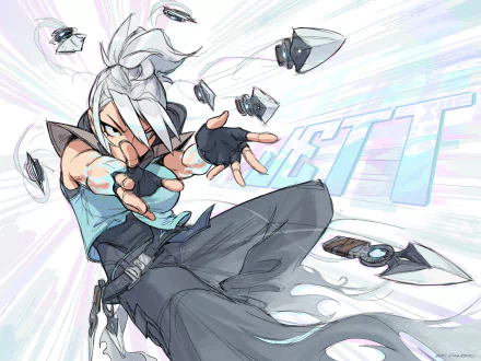 HD PC desktop wallpaper featuring Jett from the video game Valorant in an action pose with shurikens swirling around her.