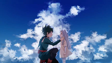 Eri (My Hero Academia) and Izuku Midoriya in an anime scene: Izuku kneels, gently touching Eri's face beneath a vivid blue sky with clouds — 4K Ultra HD PC desktop wallpaper/background.