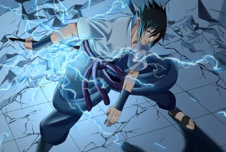 Sasuke Uchiha (Naruto) crouched on cracked ground, summoning crackling blue lightning — HD anime PC desktop wallpaper and background.