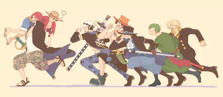 Anime One Piece HD PC desktop wallpaper and background: pastel, stylized side-profile lineup of the Straw Hat crew running right in a dynamic, minimalist composition.