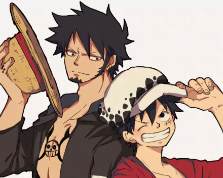 HD anime wallpaper featuring Monkey D. Luffy and Trafalgar Law from One Piece, showcasing their distinct outfits and confident expressions.