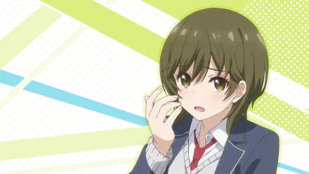 HD PC desktop wallpaper featuring Isana Higashira from the anime My Stepmom's Daughter Is My Ex, depicted with short brown hair and a school uniform against a colorful geometric background.