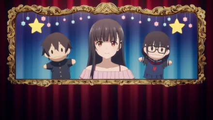 HD PC desktop wallpaper featuring Yume Irido from the anime My Stepmom's Daughter Is My Ex, with a framed puppet show scene and star decorations.