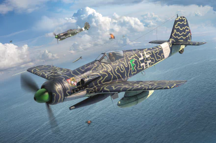 Military HD PC Desktop Wallpaper and Background: Focke-Wulf Fw 190 in wavy camouflage with green nose flying over the ocean, another fighter and parachutes beneath a cloudy sky.
