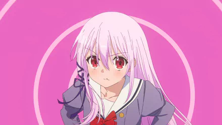 HD PC desktop wallpaper featuring Kisara from the anime Engage Kiss, with her pink hair and red eyes set against a pink circular background.