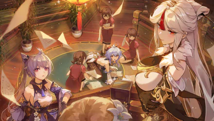 4K Ultra HD PC wallpaper featuring Keqing, Ganyu, and Ningguang from the video game Genshin Impact in an elegant indoor setting with warm lighting.