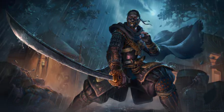 HD PC desktop wallpaper featuring Jin Sakai, the samurai protagonist from the video game Ghost of Tsushima, poised in a dynamic battle stance under a stormy sky.