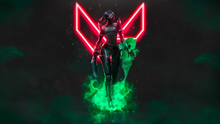 HD PC desktop wallpaper of Viper (Valorant video game): armored agent stands in green toxic mist before a glowing red Valorant V emblem, neon cyberpunk backdrop.
