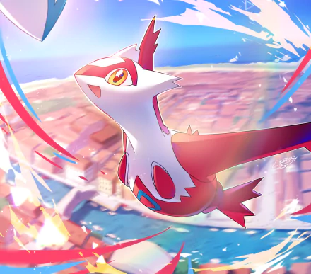 HD PC desktop wallpaper featuring Latias (Pokémon) from the video game series, soaring over a sunlit coastal town with dynamic light trails.