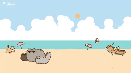 HD desktop wallpaper featuring Pusheen Cat and a sloth relaxing on a sunny beach with umbrellas, a sailboat, and seagulls under a blue sky with fluffy clouds.